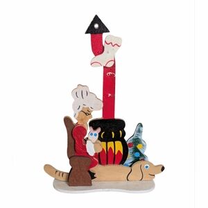Vintage Schmidt Emgee Wooden Christmas Ornament Lady with Cat and Dog Fireplace